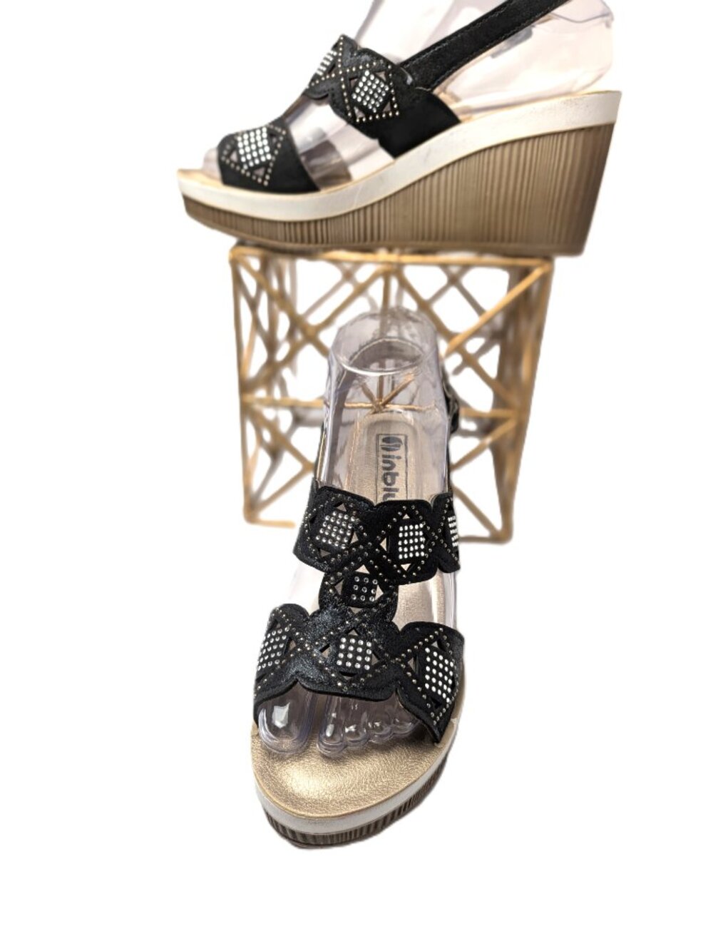 Inblu Black Rhinestone Wedge Sandals EU 38 US 7.5 Gold Insole